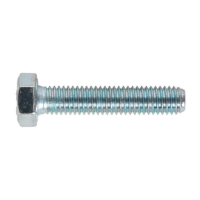 The HT Setscrew M8 x 40mm 8.8 Zinc Pack of 50 - SS840 by Sealey features a silver hex head and a threaded shaft, crafted from high tensile strength steel, and is depicted against a white background.