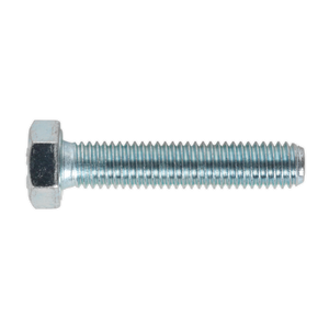 The HT Setscrew M8 x 40mm 8.8 Zinc Pack of 50 - SS840 by Sealey features a silver hex head and a threaded shaft, crafted from high tensile strength steel, and is depicted against a white background.