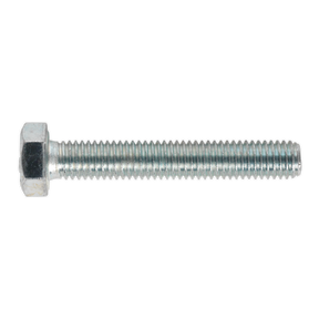 A Sealey HT Setscrew M8 x 50mm 8.8 Zinc from a pack of 50, featuring full threading and a silver finish, made of high tensile strength steel, is displayed horizontally on a white background.
