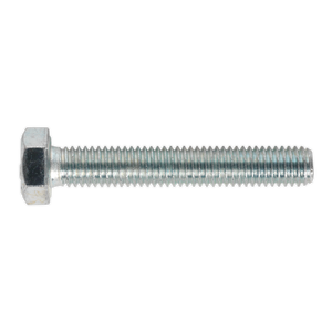 A Sealey HT Setscrew M8 x 50mm 8.8 Zinc from a pack of 50, featuring full threading and a silver finish, made of high tensile strength steel, is displayed horizontally on a white background.