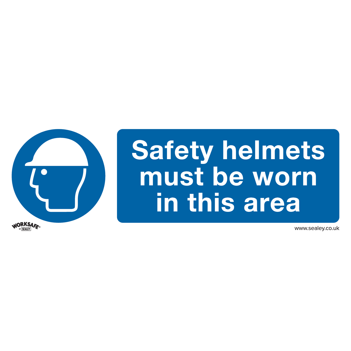 The Sealey Mandatory Safety Sign - Safety Helmets Must Be Worn In This Area (SS8P10) features a blue background with white text and an icon of a person wearing a helmet. Made from durable rigid plastic, this pack of 10 signs is perfect for ensuring everyone in the office or on site is informed about safety regulations.