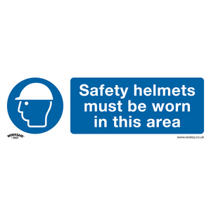 The Sealey Mandatory Safety Sign - Safety Helmets Must Be Worn In This Area (SS8P10) features a blue background with white text and an icon of a person wearing a helmet. Made from durable rigid plastic, this pack of 10 signs is perfect for ensuring everyone in the office or on site is informed about safety regulations.