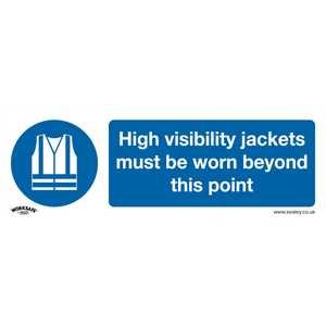 The Sealey Mandatory Safety Sign, product SS9P1, features a blue background with white text stating "High Visibility Jackets Must Be Worn Beyond This Point," printed on durable rigid plastic. This sign includes a symbol of a high visibility jacket and is perfect for office entrances and workshop areas.