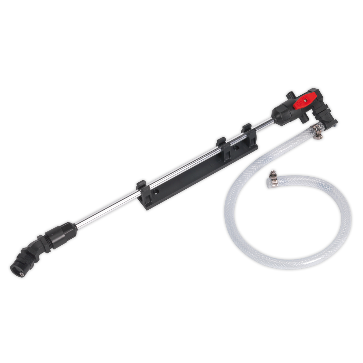 Introducing the Sealey Single Nozzle Broadcast Lance - SSA2, a versatile tool equipped with an attached polyvinyl hose and valve, perfect for car washing and cleaning tasks. The durable metal connector ensures efficient water attachment for every use.