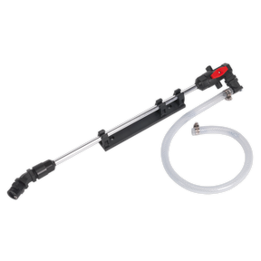 Introducing the Sealey Single Nozzle Broadcast Lance - SSA2, a versatile tool equipped with an attached polyvinyl hose and valve, perfect for car washing and cleaning tasks. The durable metal connector ensures efficient water attachment for every use.