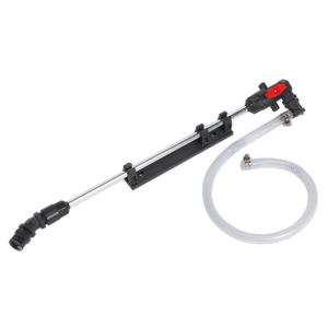 Introducing the Sealey Single Nozzle Broadcast Lance - SSA2, a versatile tool equipped with an attached polyvinyl hose and valve, perfect for car washing and cleaning tasks. The durable metal connector ensures efficient water attachment for every use.