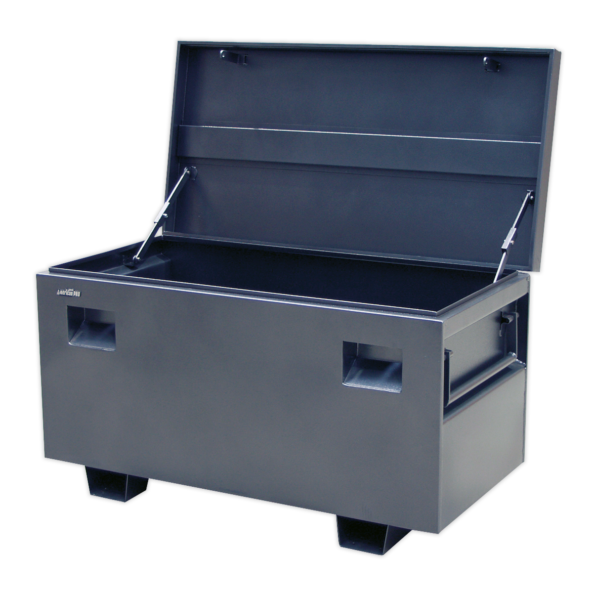 The Sealey Site Box 1220 x 610 x 700mm - SSB01 is a spacious black industrial storage chest, constructed from heavy gauge steel. It features an open lid and heavy-duty handles on the sides for secure storage.