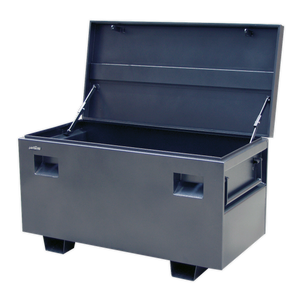 The Sealey Site Box 1220 x 610 x 700mm - SSB01 is a spacious black industrial storage chest, constructed from heavy gauge steel. It features an open lid and heavy-duty handles on the sides for secure storage.