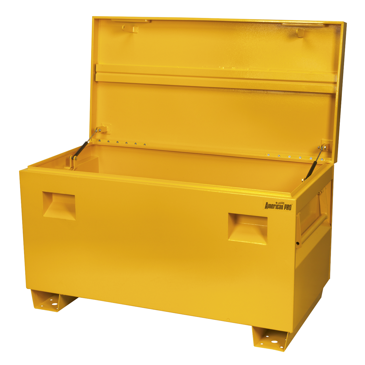 The Sealey Truck Box 1220 x 620 x 700mm - SSB02E is a large, yellow, metal storage solution featuring an open, hinged lid. Made from heavy gauge steel, it boasts reinforced sides and bars for optimum security.