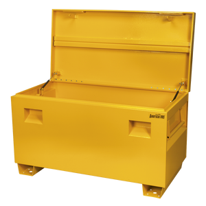 The Sealey Truck Box 1220 x 620 x 700mm - SSB02E is a large, yellow, metal storage solution featuring an open, hinged lid. Made from heavy gauge steel, it boasts reinforced sides and bars for optimum security.