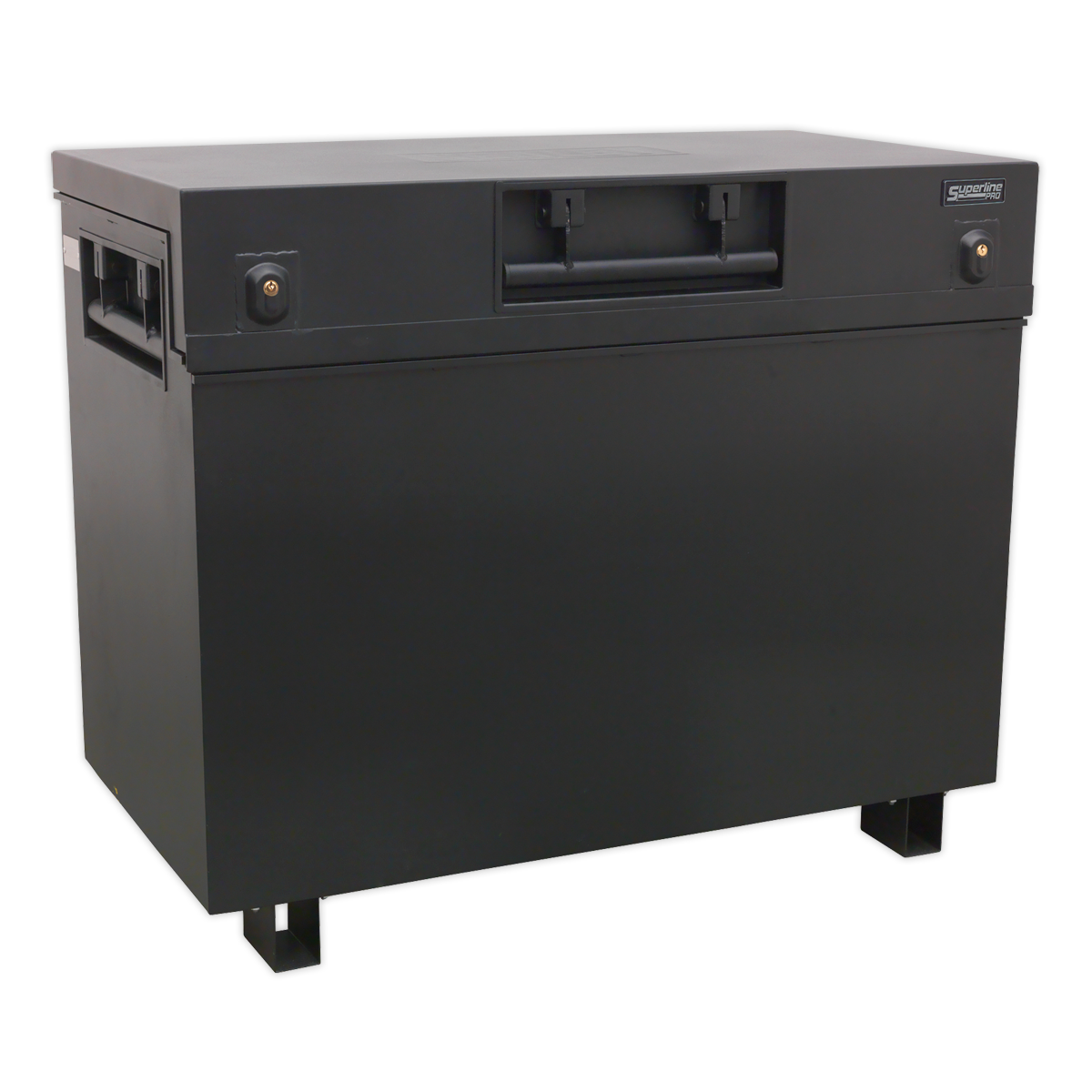 Introducing the Sealey Site Box 1125 x 610 x 925mm - SSB07: a black metal storage chest featuring heavy-duty handles on either side, two secure locks, four elevated legs, and robust welded steel construction for ultimate security.