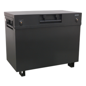 Introducing the Sealey Site Box 1125 x 610 x 925mm - SSB07: a black metal storage chest featuring heavy-duty handles on either side, two secure locks, four elevated legs, and robust welded steel construction for ultimate security.