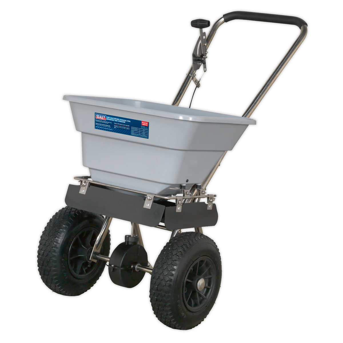 The Sealey Stainless Steel Broadcast Salt Spreader 37kg Walk Behind - SSB37W features a corrosion-resistant design with a gray hopper and black handle, ideal for distributing lawn treatments evenly over large areas. Equipped with pneumatic tires, this tool ensures easy maneuverability.