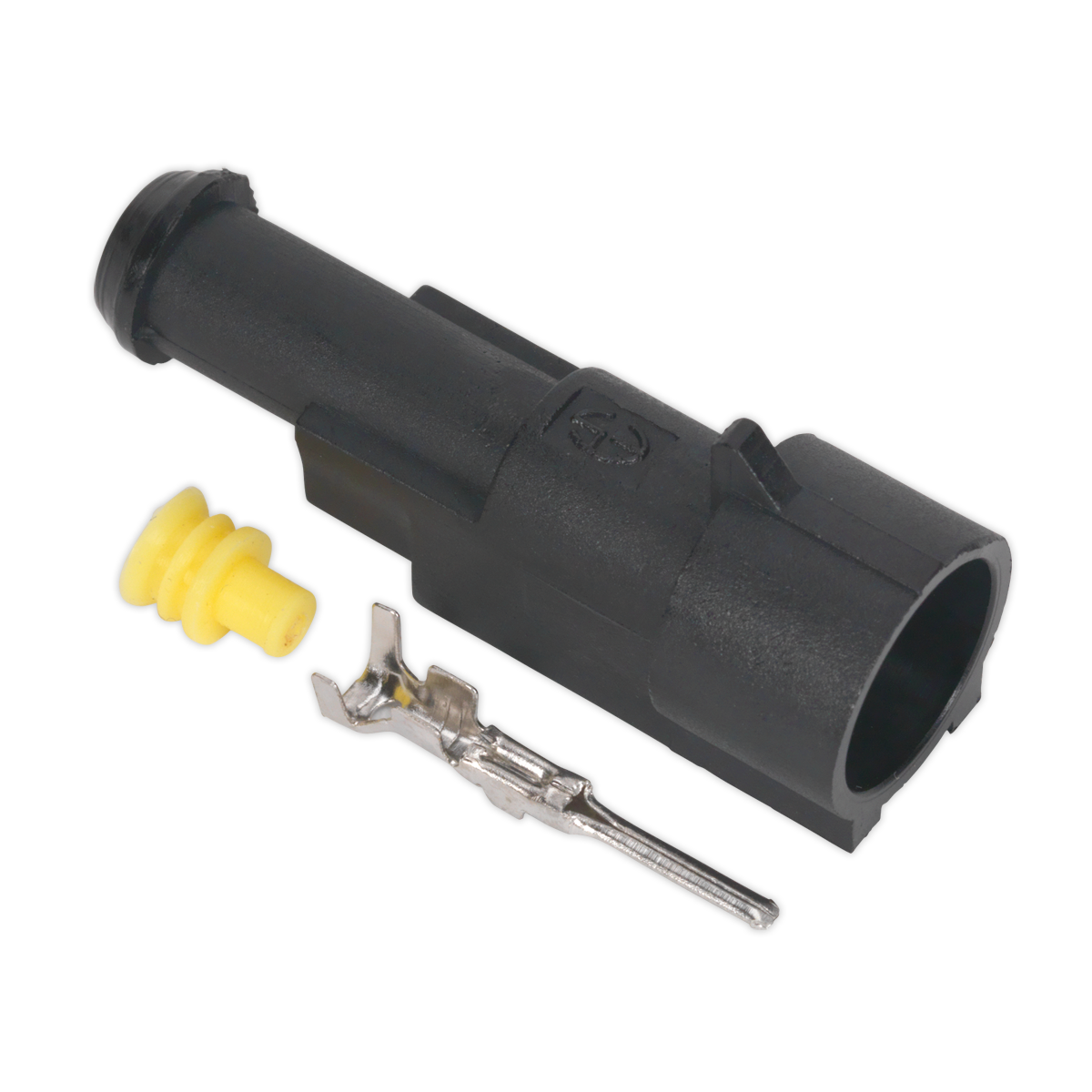 The Sealey Superseal Male Connector 1-Way Pack of 5 (SSC1M) includes a black plastic automotive connector, accompanied by a yellow rubber seal and a metal terminal, creating a reliable waterproof joint.