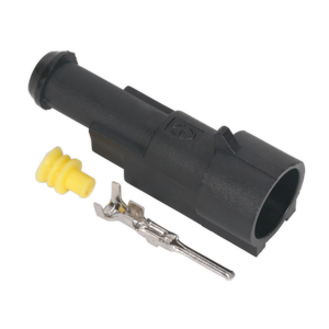 The Sealey Superseal Male Connector 1-Way Pack of 5 (SSC1M) includes a black plastic automotive connector, accompanied by a yellow rubber seal and a metal terminal, creating a reliable waterproof joint.