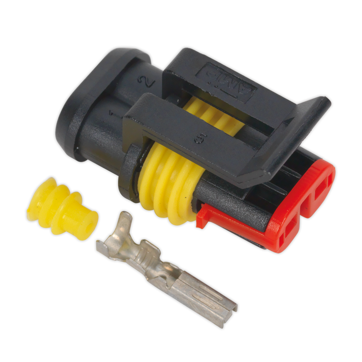 A close-up image of the Sealey Superseal Female Connector 2-Way Pack of 5 - SSC2F in black, red, and yellow, showcasing the main connector piece, a yellow rubber seal, housing terminals, and a metal terminal pin.