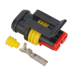 A close-up image of the Sealey Superseal Female Connector 2-Way Pack of 5 - SSC2F in black, red, and yellow, showcasing the main connector piece, a yellow rubber seal, housing terminals, and a metal terminal pin.