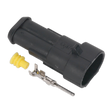 The Sealey Superseal Male Connector 2-Way Pack of 5 (SSC2M) features a black plastic housing with a yellow rubber seal and includes a metal pin terminal, ensuring a reliable waterproof joint.