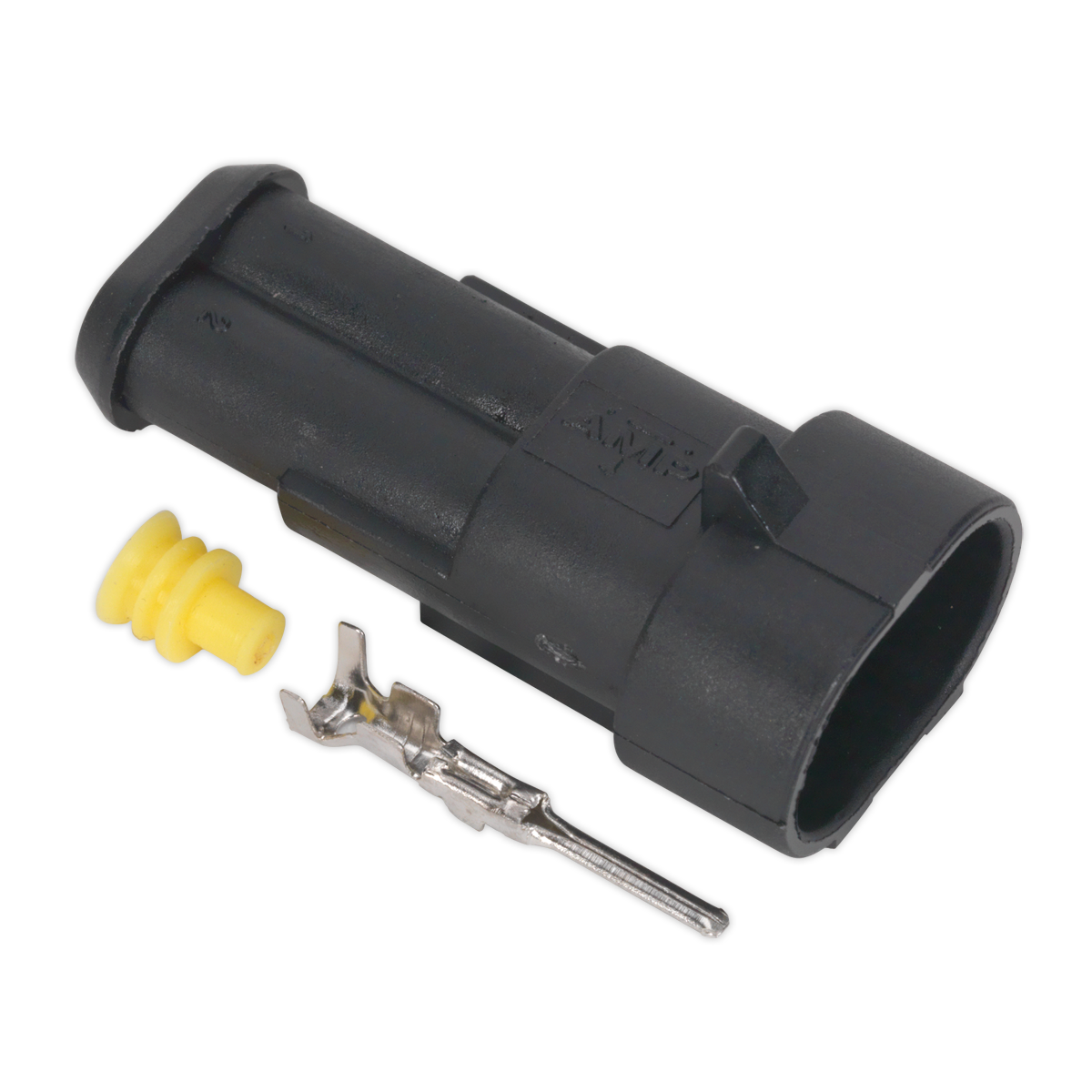 The Sealey Superseal Male Connector 2-Way Pack of 5 (SSC2M) features a black plastic housing with a yellow rubber seal and includes a metal pin terminal, ensuring a reliable waterproof joint.