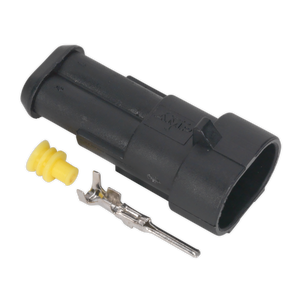 The Sealey Superseal Male Connector 2-Way Pack of 5 (SSC2M) features a black plastic housing with a yellow rubber seal and includes a metal pin terminal, ensuring a reliable waterproof joint.