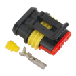 The Sealey Superseal Female Connector 3-Way Pack of 5 (SSC3F) features black and red automotive electrical connectors with yellow sealing rings, metal terminal pins, and waterproof joints. A separate yellow grommet on the left ensures excellent protection for various cable sizes.