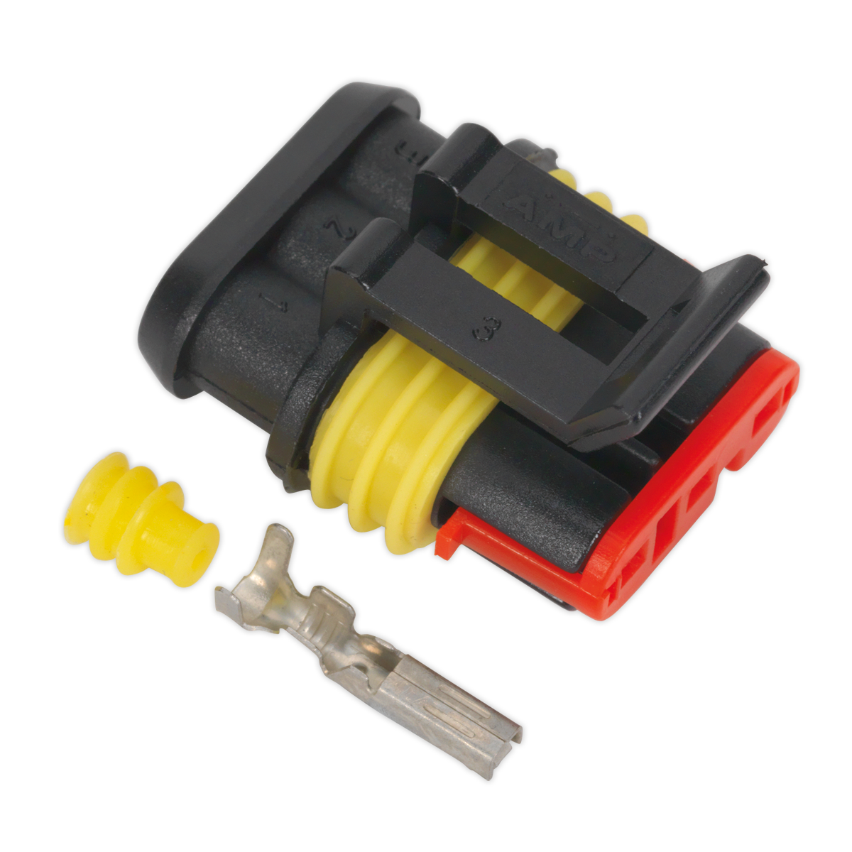 The Sealey Superseal Female Connector 3-Way Pack of 5 (SSC3F) features black and red automotive electrical connectors with yellow sealing rings, metal terminal pins, and waterproof joints. A separate yellow grommet on the left ensures excellent protection for various cable sizes.