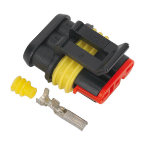 The Sealey Superseal Female Connector 3-Way Pack of 5 (SSC3F) features black and red automotive electrical connectors with yellow sealing rings, metal terminal pins, and waterproof joints. A separate yellow grommet on the left ensures excellent protection for various cable sizes.