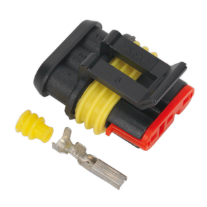 The Sealey Superseal Female Connector 3-Way Pack of 5 (SSC3F) features black and red automotive electrical connectors with yellow sealing rings, metal terminal pins, and waterproof joints. A separate yellow grommet on the left ensures excellent protection for various cable sizes.