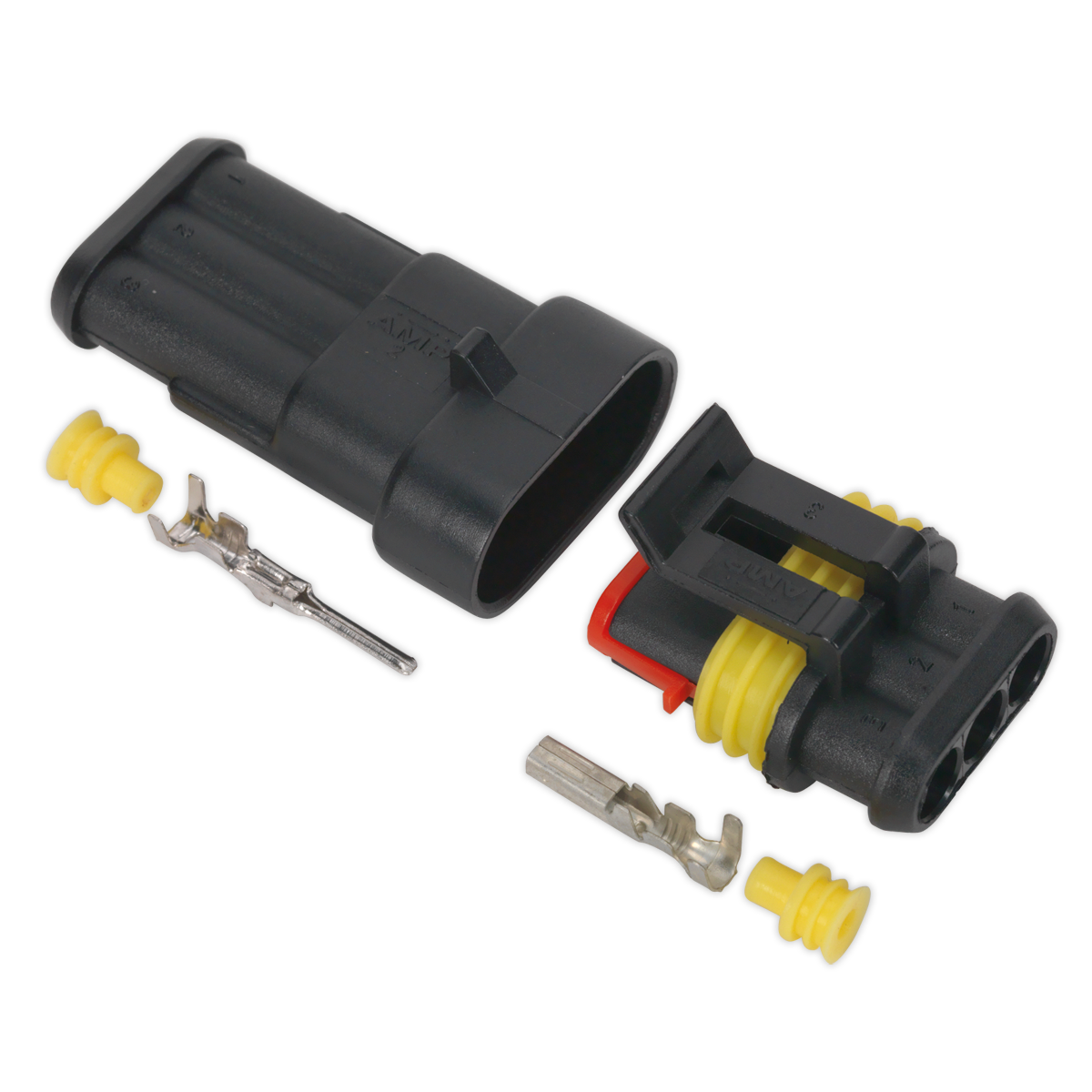 Two Sealey Superseal Male & Female Connector 3-Way (SSC3MF) units in black with yellow rubber seals and metal terminals on a white background, designed to create a waterproof joint suitable for various cable sizes.