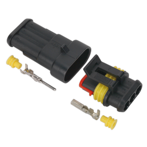 Two Sealey Superseal Male & Female Connector 3-Way (SSC3MF) units in black with yellow rubber seals and metal terminals on a white background, designed to create a waterproof joint suitable for various cable sizes.