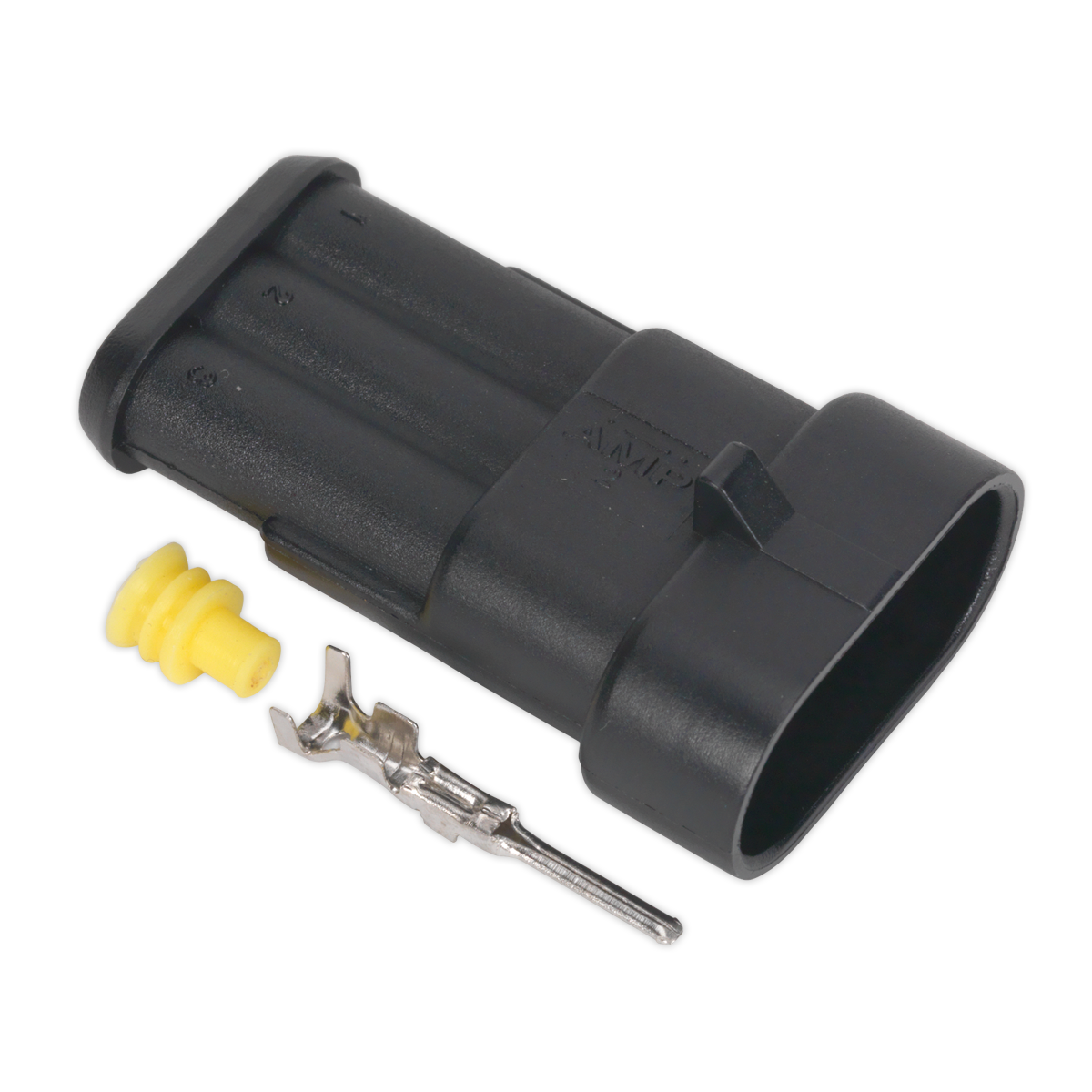 The Superseal Male Connector 3-Way Pack of 5 (SSC3M) by Sealey is a black rectangular electrical connector with a yellow rubber seal, featuring metal terminal pins for various cable sizes to ensure a secure and waterproof joint.