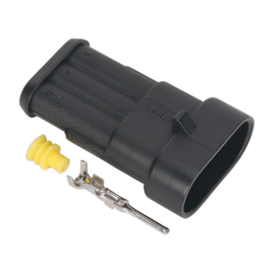 The Superseal Male Connector 3-Way Pack of 5 (SSC3M) by Sealey is a black rectangular electrical connector with a yellow rubber seal, featuring metal terminal pins for various cable sizes to ensure a secure and waterproof joint.