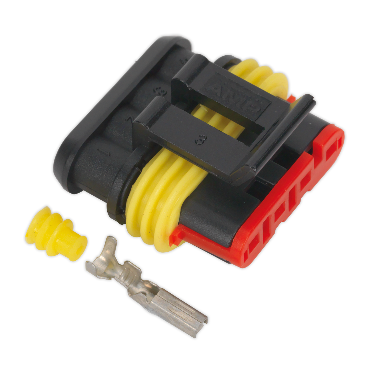 Close-up of the Superseal Female Connector 4-Way Pack of 3 (SSC4F) by Sealey, featuring a yellow sealing plug and a metal pin terminal, highlighting the waterproof joint and compatibility with various cable sizes.