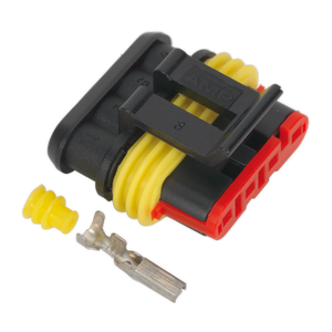 Close-up of the Superseal Female Connector 4-Way Pack of 3 (SSC4F) by Sealey, featuring a yellow sealing plug and a metal pin terminal, highlighting the waterproof joint and compatibility with various cable sizes.