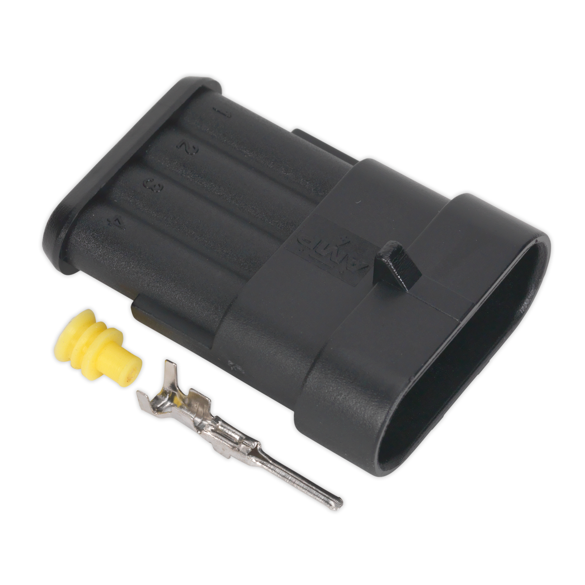 The Sealey Superseal Male Connector 4-Way Pack of 3 (SSC4M) features a black plastic housing with a yellow rubber seal and a metal connector pin, designed for various cable sizes and providing an IP65 waterproof joint, showcased on a white background.