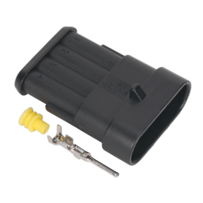 The Sealey Superseal Male Connector 4-Way Pack of 3 (SSC4M) features a black plastic housing with a yellow rubber seal and a metal connector pin, designed for various cable sizes and providing an IP65 waterproof joint, showcased on a white background.