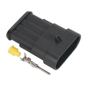 The Sealey Superseal Male Connector 4-Way Pack of 3 (SSC4M) features a black plastic housing with a yellow rubber seal and a metal connector pin, designed for various cable sizes and providing an IP65 waterproof joint, showcased on a white background.