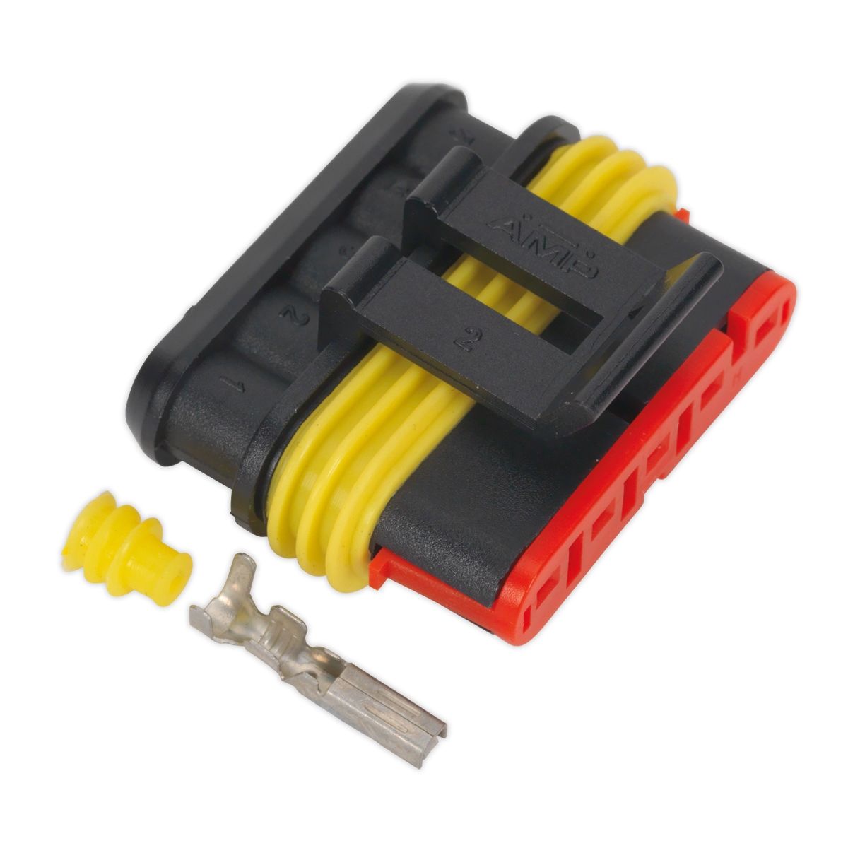 Close-up of a Sealey Superseal Female Connector 5-Way, featuring black and red housing with yellow wires, an orange gasket seal, and a metallic pin terminal beside it, designed as an IP65 waterproof joint. Pack of 3 - SSC5F.