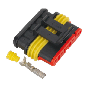 Close-up of a Sealey Superseal Female Connector 5-Way, featuring black and red housing with yellow wires, an orange gasket seal, and a metallic pin terminal beside it, designed as an IP65 waterproof joint. Pack of 3 - SSC5F.