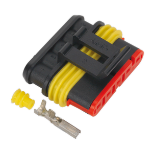 Close-up of a Sealey Superseal Female Connector 5-Way, featuring black and red housing with yellow wires, an orange gasket seal, and a metallic pin terminal beside it, designed as an IP65 waterproof joint. Pack of 3 - SSC5F.