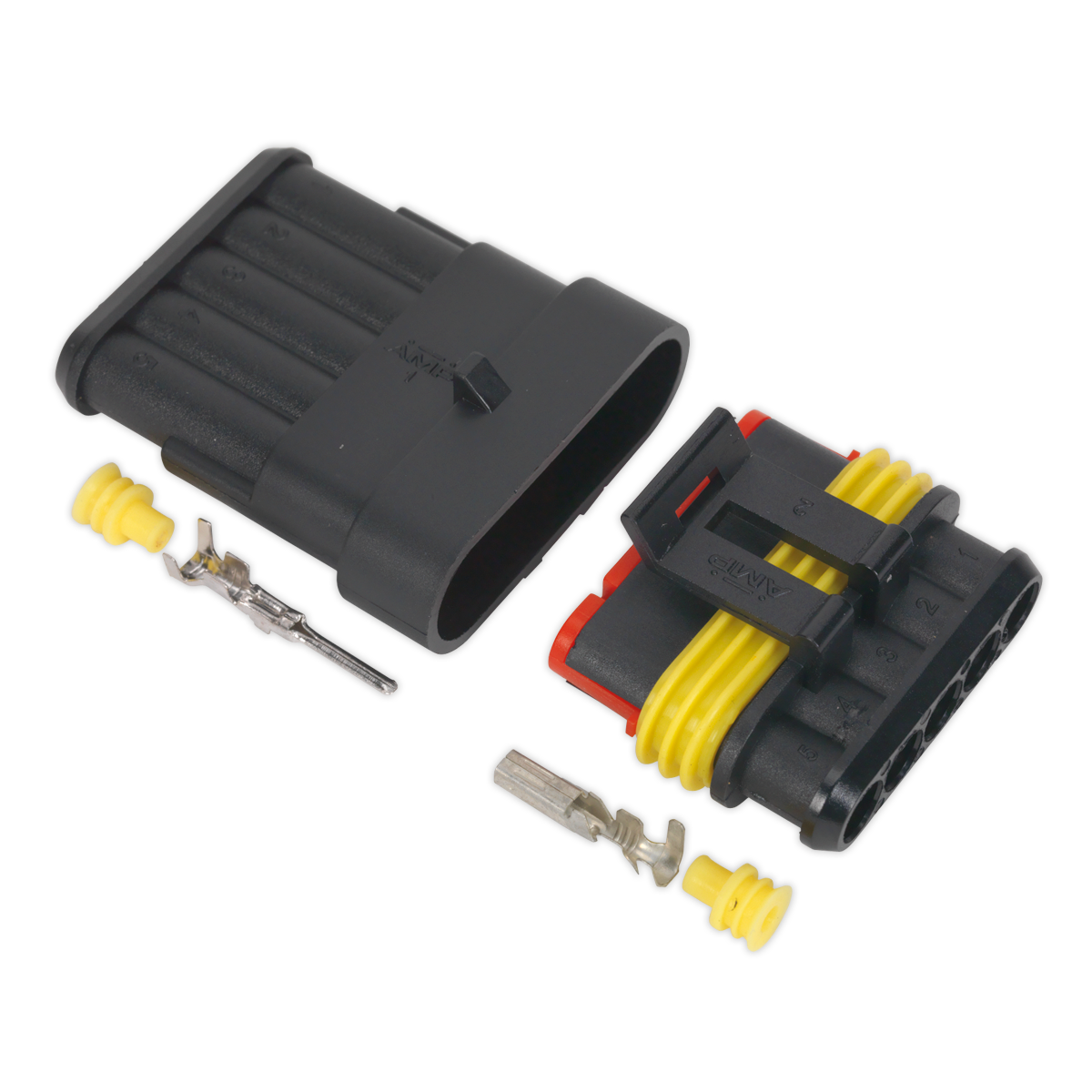 Introducing the Superseal Male & Female Connector 5-Way (SSC5MF) from Sealey. This two-piece automotive electrical connector includes three yellow wires, sealing plugs, and metal terminals. It also features an IP65 waterproof joint and is suitable for various cable sizes.