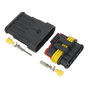 Introducing the Superseal Male & Female Connector 5-Way (SSC5MF) from Sealey. This two-piece automotive electrical connector includes three yellow wires, sealing plugs, and metal terminals. It also features an IP65 waterproof joint and is suitable for various cable sizes.