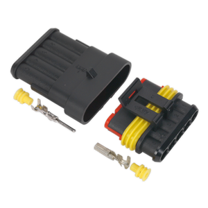 Introducing the Superseal Male & Female Connector 5-Way (SSC5MF) from Sealey. This two-piece automotive electrical connector includes three yellow wires, sealing plugs, and metal terminals. It also features an IP65 waterproof joint and is suitable for various cable sizes.