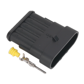 A black, rectangular automotive electrical connector from Sealey, next to a yellow grommet and metal terminal pin, featuring an IP65 waterproof joint. This is the Superseal Male Connector 5-Way Pack of 3 - SSC5M.
