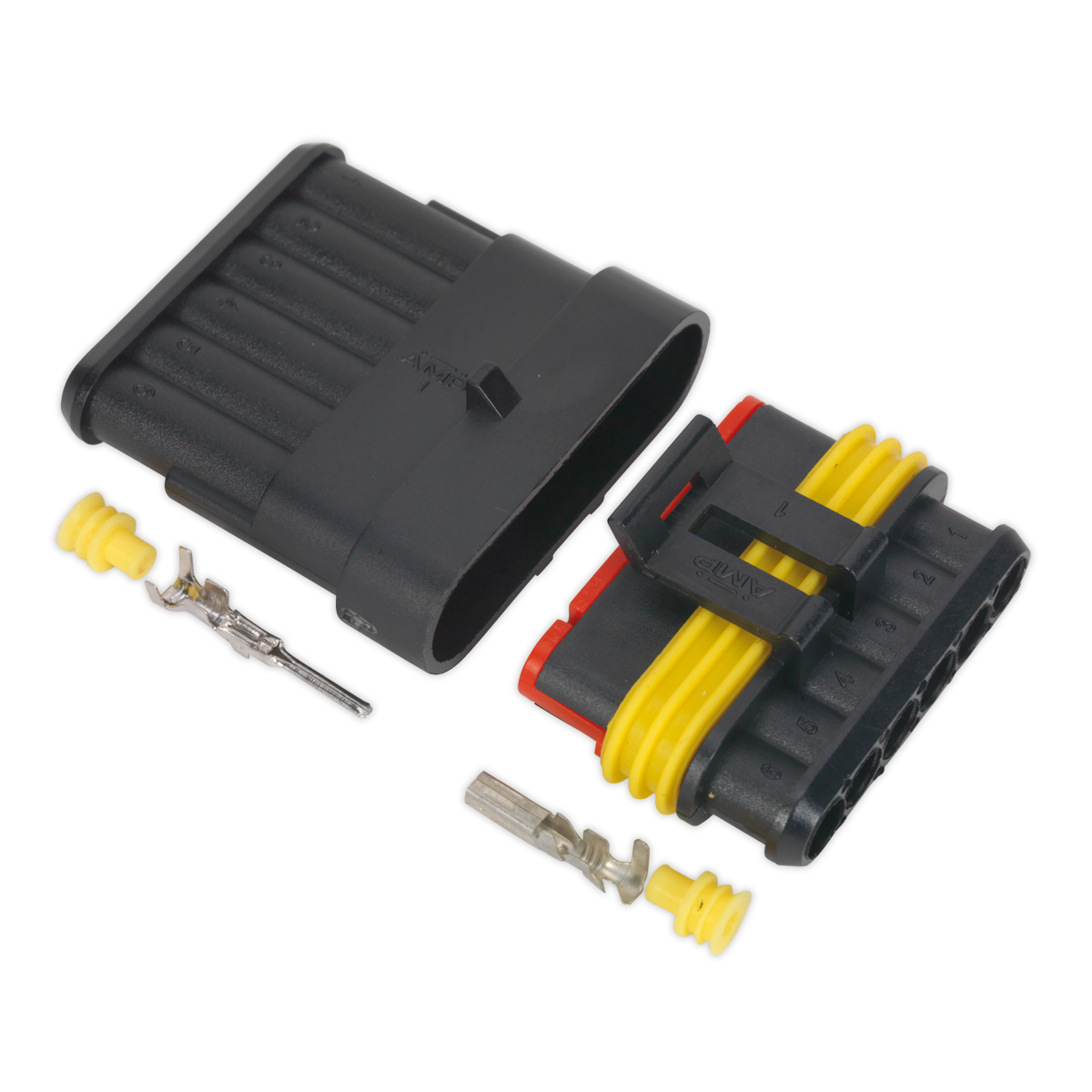 The Sealey Superseal Male & Female Connector 6-Way (SSC6MF) is a black electrical connector with yellow and red seals. It features a waterproof joint rated IP65 and is separated into two parts. The package includes two metal pins and yellow rubber gaskets, ensuring compatibility with various cable sizes.