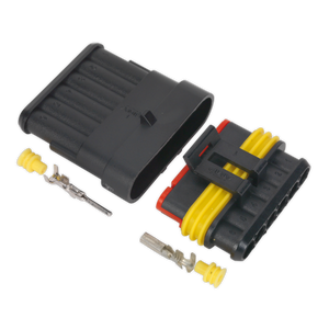 The Sealey Superseal Male & Female Connector 6-Way (SSC6MF) is a black electrical connector with yellow and red seals. It features a waterproof joint rated IP65 and is separated into two parts. The package includes two metal pins and yellow rubber gaskets, ensuring compatibility with various cable sizes.