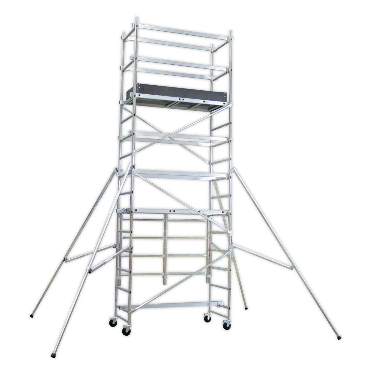 Introducing the Sealey Platform Scaffold Tower Extension Pack 3 EN 1004 - SSCL3: A tall, multi-tiered aluminum scaffold tower featuring robust support braces, an adjustable platform height, and wheels at the base.