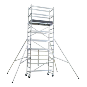 Introducing the Sealey Platform Scaffold Tower Extension Pack 3 EN 1004 - SSCL3: A tall, multi-tiered aluminum scaffold tower featuring robust support braces, an adjustable platform height, and wheels at the base.
