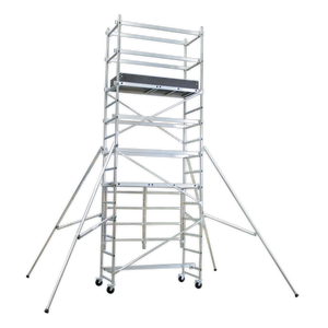 Introducing the Sealey Platform Scaffold Tower Extension Pack 3 EN 1004 - SSCL3: A tall, multi-tiered aluminum scaffold tower featuring robust support braces, an adjustable platform height, and wheels at the base.