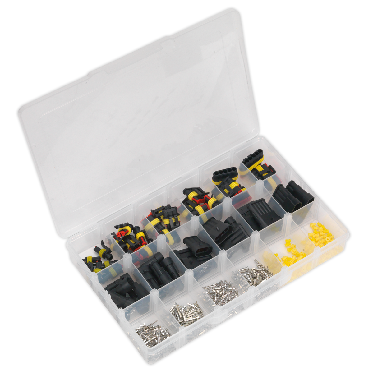 The Sealey Superseal Male & Female Connector Assortment 350pc (SSCSET1) is an organizer box with multiple compartments containing a variety of electrical connectors and metal components. The kit is open, revealing the items neatly arranged in separate sections to accommodate different cable sizes.